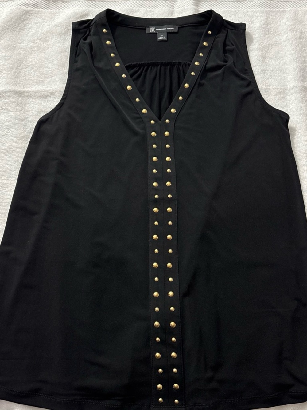 INC International Concepts Black Sleeveless V-Neck Top with Gold Studs